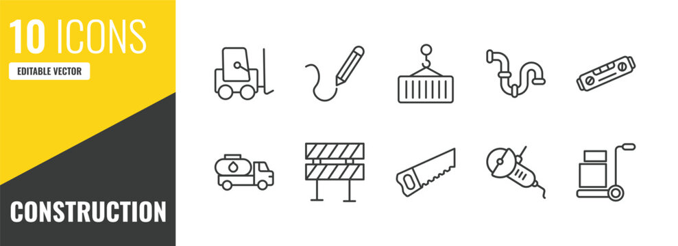 construction outline icon set. 10 linear vector for ui, web and mobile. thin line trolley truck, drawing, derrick with load icons.