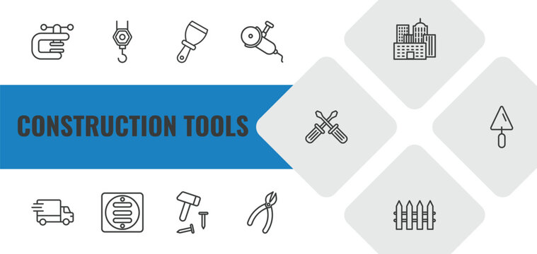 construction tools outline icon set. linear vector for ui, web and mobile. thin line vise, pulley hook, putty knife icons.
