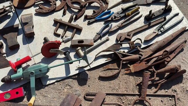 Rusty tools laid on asphalt, assorted chisels pliers cutters horseshoes and blades arranged by vendor, sunlit patina and flaking