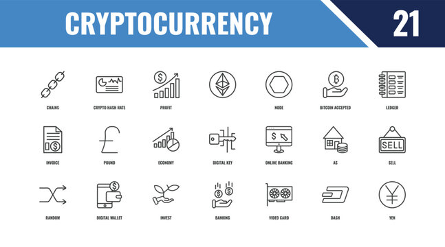 cryptocurrency outline icon set. linear vector for ui, web and mobile. thin line crypto hash rate, ledger, online banking icons.