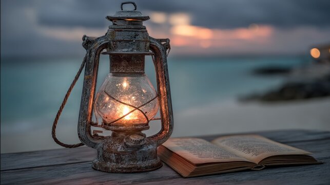 Vintage lantern illuminates open book on wooden surface near ocean at dusk