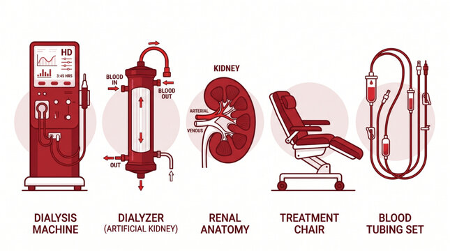 Clear medical infographic detailing kidney dialysis machine, artificial kidney, renal anatomy, treatment chair, and blood tubing setup