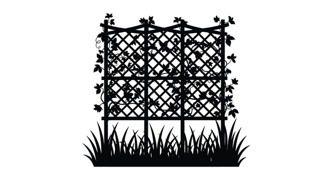 trellis with climbing vines and grass silhouette