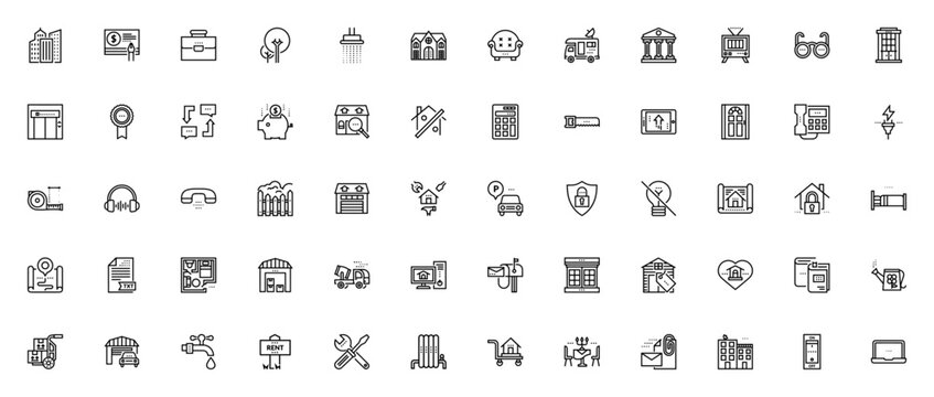 Real Assets icon set. Vector illustrations of real estate, tools, transportation, household items and more including house, calculations, security system, repair, and maps.