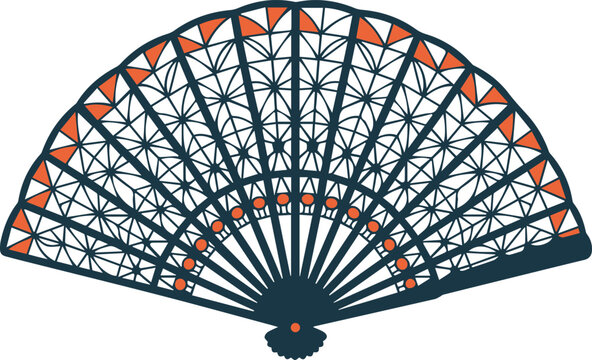 Intricate Hand Fan Vector Illustration with Traditional Lace Pattern and Orange Accents