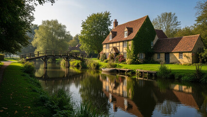 Obraz premium Traditional English Country Cottage by a River with a Wooden Bridge