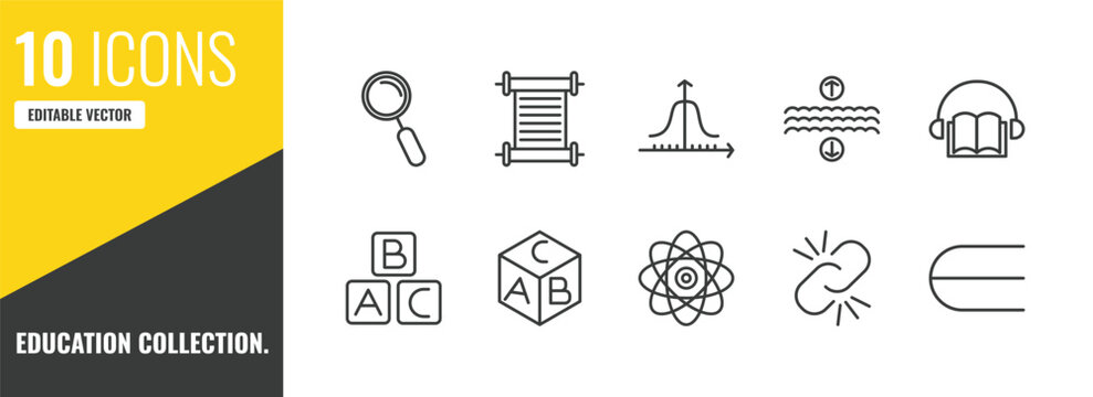 education collection. outline icon set. 10 linear vector for ui, web and mobile. thin line magnifying glass, papyrus, gaussian function icons.