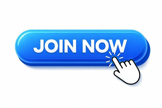 Blue call to action button with join now text and mouse click effect