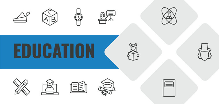 education outline icon set. linear vector for ui, web and mobile. thin line robin hood, block with letters, watch icons.