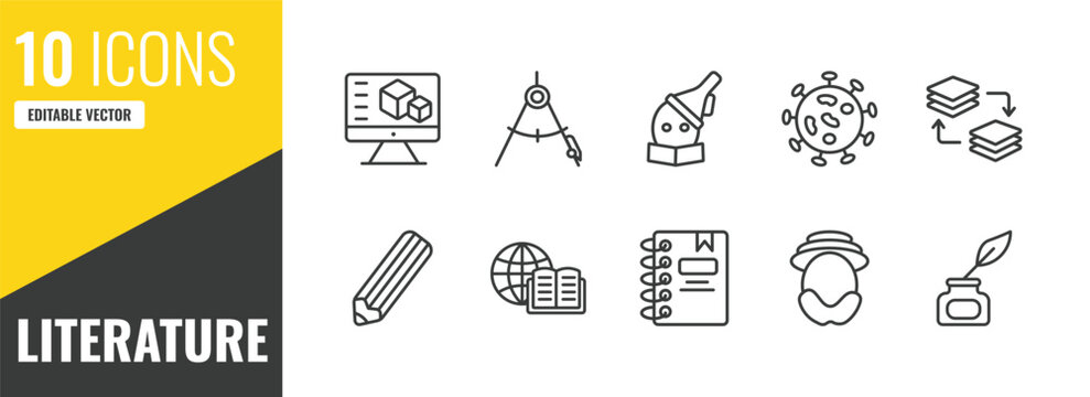 literature outline icon set. 10 linear vector for ui, web and mobile. thin line 3d de, draw with compass, wizard of oz icons.