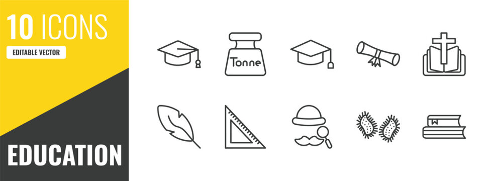 education outline icon set. 10 linear vector for ui, web and mobile. thin line graduation hat, tonne, graduate icons.