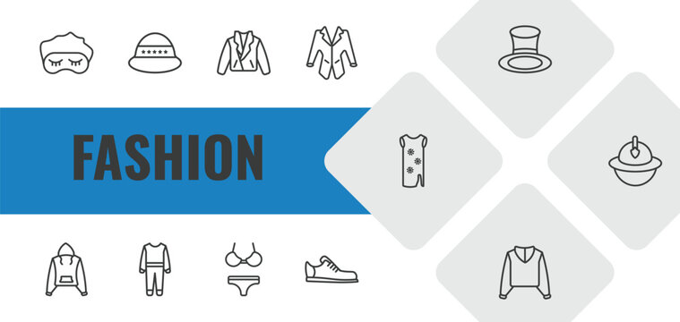 fashion outline icon set. linear vector for ui, web and mobile. thin line sleeping mask, general helmet, leather jacket icons.