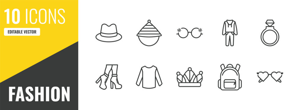 fashion outline icon set. 10 linear vector for ui, web and mobile. thin line fedora, samurai japanese hat, eyewear icons.