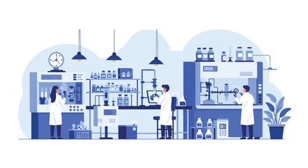 Fototapeta premium A team of scientists in lab coats conducting research and experiments in a modern, well-equipped scientific laboratory. Pharmaceutical and chemical innovation.