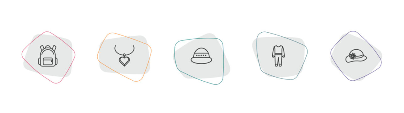 fashion outline icon set. linear vector for ui, web and mobile. thin line book bag, heart pendant, general helmet icons.