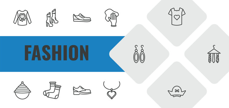 fashion outline icon set. linear vector for ui, web and mobile. thin line man printing, woman boots, gym shoes icons.