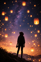 Naklejka premium Celestial Lanterns: An individual gazes upward, marveling at the vibrant display of floating lanterns amidst the twilight sky, an ethereal scene that evokes wonder and reflection.