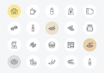 Fototapeta premium food outline icon set. linear vector for ui, web and mobile. thin line fishing tool, beers, blend icons.