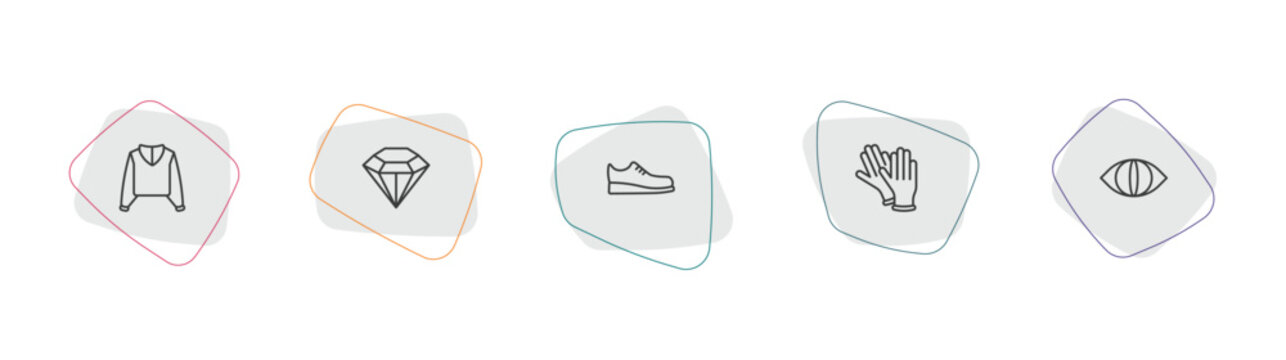 fashion outline icon set. linear vector for ui, web and mobile. thin line sweater with hood, jewel, one shoe icons.