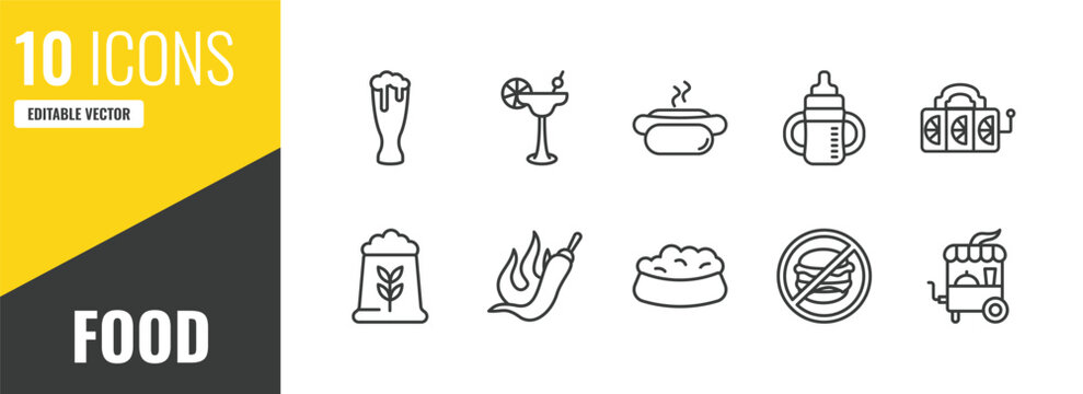 food outline icon set. 10 linear vector for ui, web and mobile. thin line pint, cocktail on a glass, hotdog and bread icons.