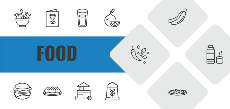 food outline icon set. linear vector for ui, web and mobile. thin line healthy nutrition, drinks menu, water glass icons.