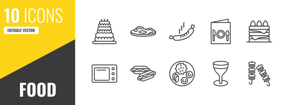 food outline icon set. 10 linear vector for ui, web and mobile. thin line celebration cake, zha jiang mian, sausages icons.