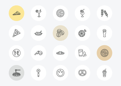 food outline icon set. linear vector for ui, web and mobile. thin line italian, triangular pizza slice, no eating icons.