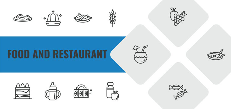 food and restaurant outline icon set. linear vector for ui, web and mobile. thin line zha jiang mian, jelly, guotie icons.