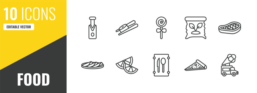 food outline icon set. 10 linear vector for ui, web and mobile. thin line sparkling wine, sushi and chopsticks, jawbreaker icons.