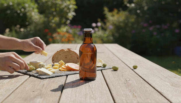 Stubby amber bottle on a sunny patio table with a fresh charcuterie and bread spread
