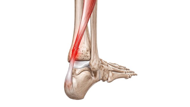 Ankle joint with Achilles tendon showing inflammation and skeletal anatomy isolated on white background