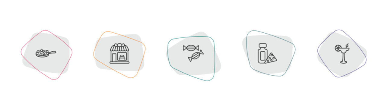food outline icon set. linear vector for ui, web and mobile. thin line buddhas delight, candy shop, sugar container icons.