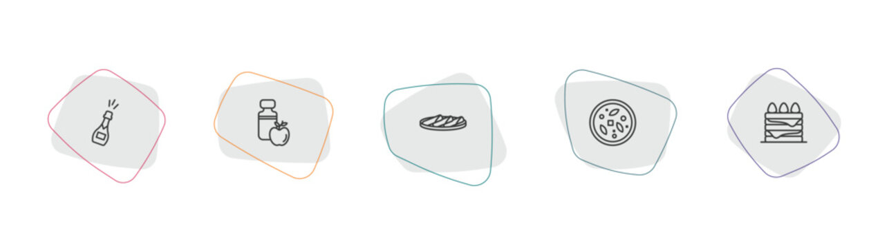 food outline icon set. linear vector for ui, web and mobile. thin line champagne bottle, cider, popiah icons.