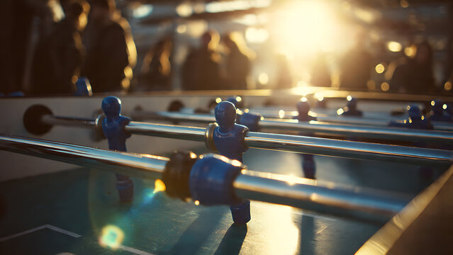 Close-up of blue foosball players on polished metal rods with warm golden backlight, cinematic bokeh, concept for recreation, game room entertainment