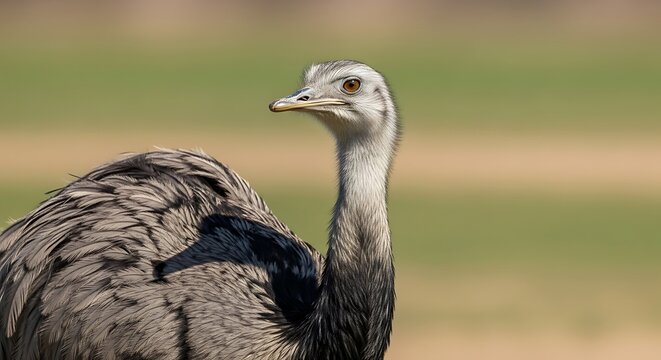 Close-up of a Rhea bird's head and neck, showing detailed feathers and alert eyes