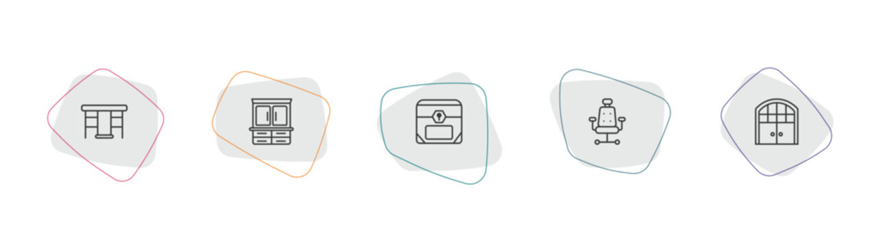 furniture & household outline icon set. linear vector for ui, web and mobile. thin line gateleg table, armoire, chest icons.