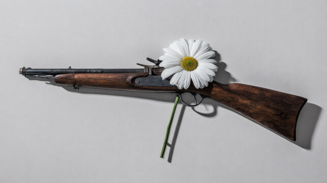 Broken rifle alongside fresh white daisy flower over clean light grey studio background. Minimalist conceptual photo offers massive empty negative space for commercial text design banner