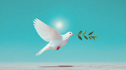 Fototapeta premium Photorealistic white dove flying with olive branch in beak against clear blue sky. Expansive empty negative space on right side offers ideal background for text. Hope and peace concept banner