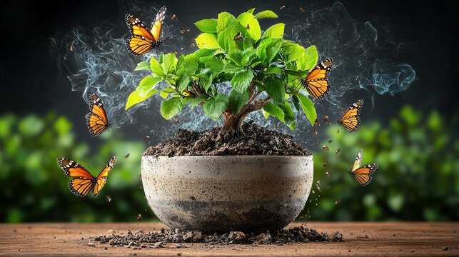Orange Butterflies Encircling Green Bonsai Tree in Gray Pot