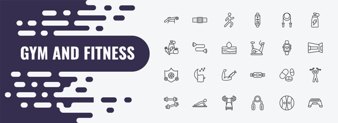 gym and fitness outline icon set. linear vector for ui, web and mobile. thin line athletic strap, stretching leg exercise, skipping rope icons. © Farahim