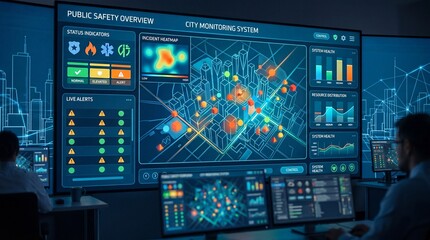 Fototapeta premium Man analyzing public safety data on interactive digital dashboards with graphs and heat maps in a dark control room environment
