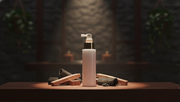 Cinematic white mist bottle in a dark spa with sandalwood and charcoal