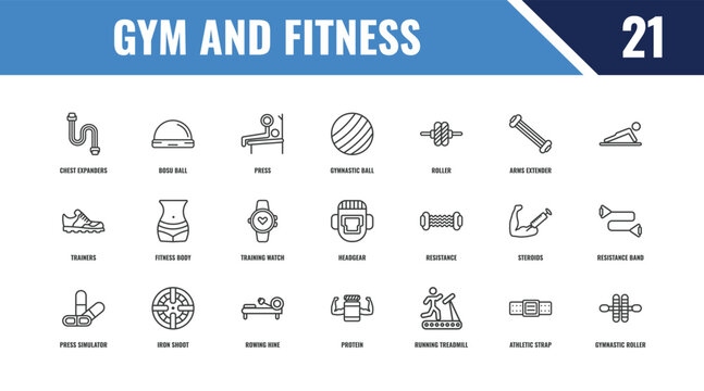 gym and fitness outline icon set. linear vector for ui, web and mobile. thin line bosu ball, , resistance icons.