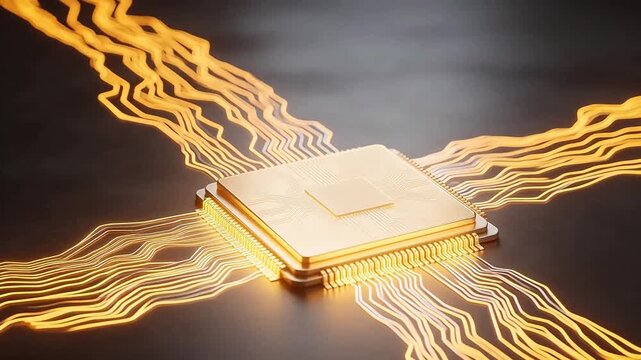 Golden microchip with glowing circuits
