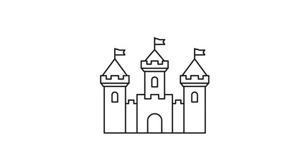 Simple line drawing of a medieval castle with flags on towers, isolated on white. © ratih