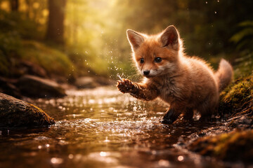 Obraz premium Playful Fox Cub in Enchanting Woodland: A charming fox cub splashing playfully in a stream within a sun-dappled woodland scene.