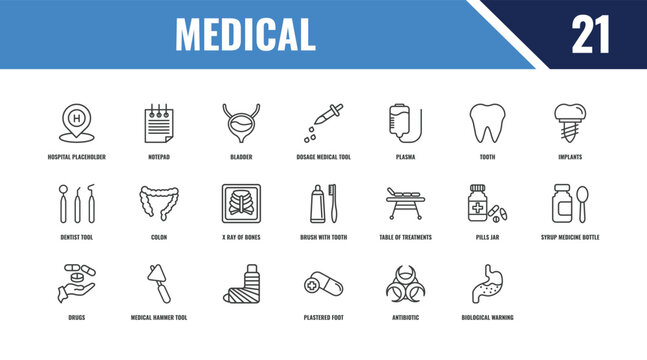 medical outline icon set. linear vector for ui, web and mobile. thin line notepad, implants, table of treatments icons.