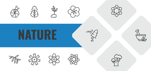 nature outline icon set. linear vector for ui, web and mobile. thin line hibiscus, peppermint, cultivation icons. © Farahim