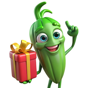 Cheerful green vegetable character holding gift box