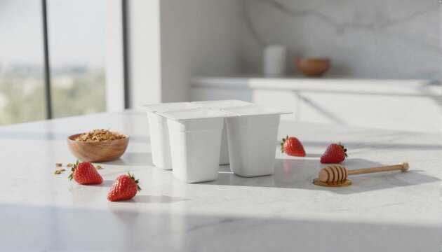 Fresh dairy yogurt multipack on a sunlit marble counter with berries and granola